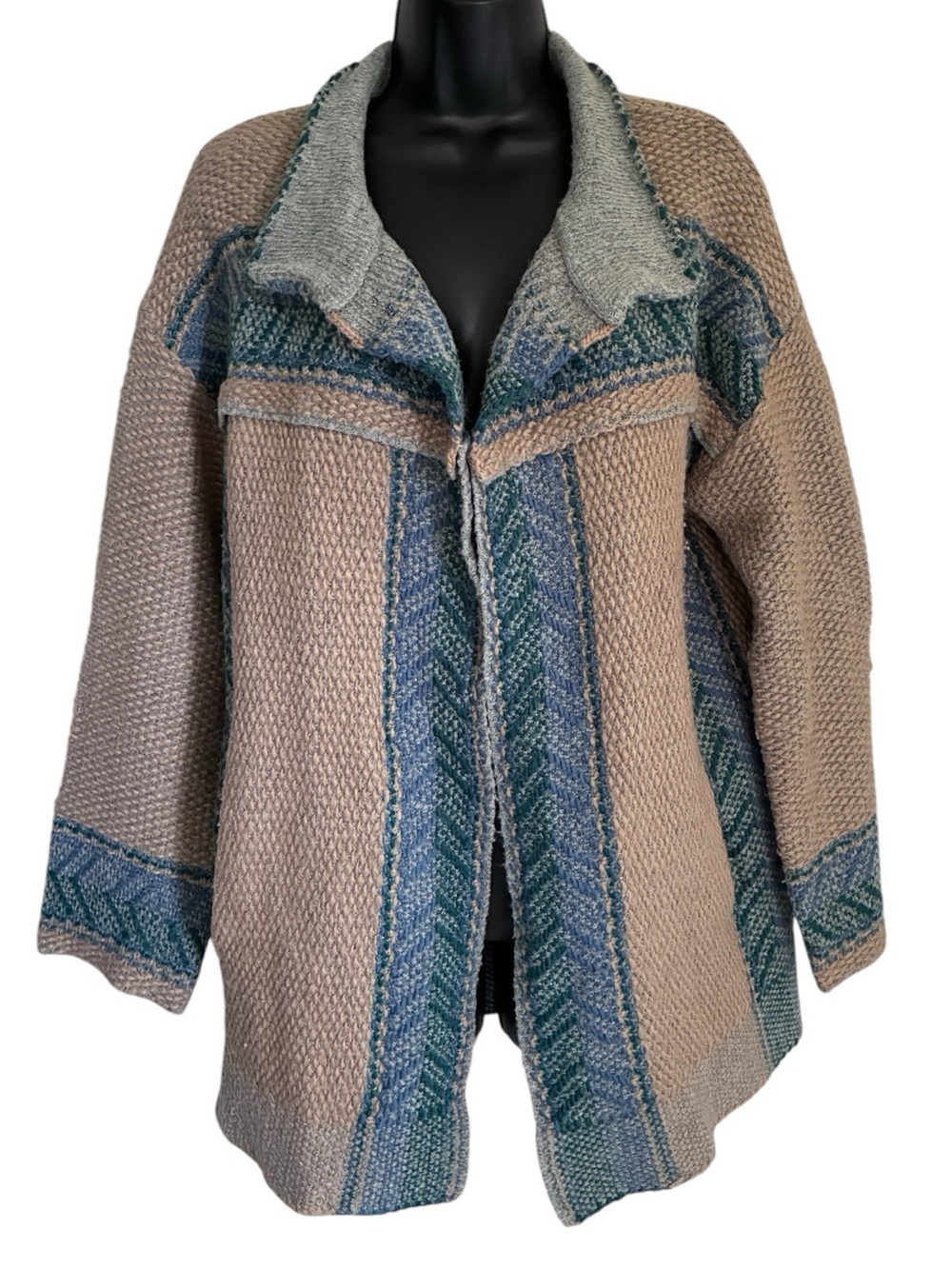 Earthy Aztec Indie Chunky Open Front Knit Cardigan Taupe & Blue Stripes Sz L